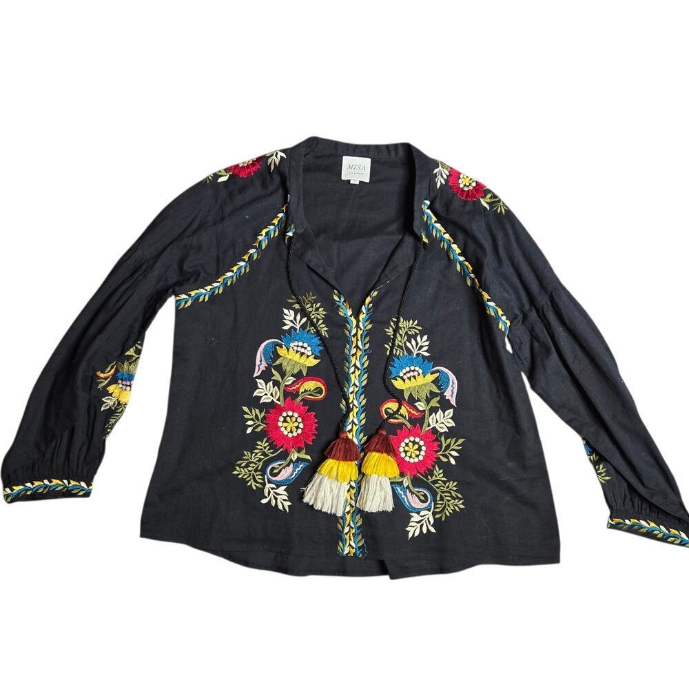 MISA Los Angeles Black Floral Embroidered Tassle Blouse Size: S‎
